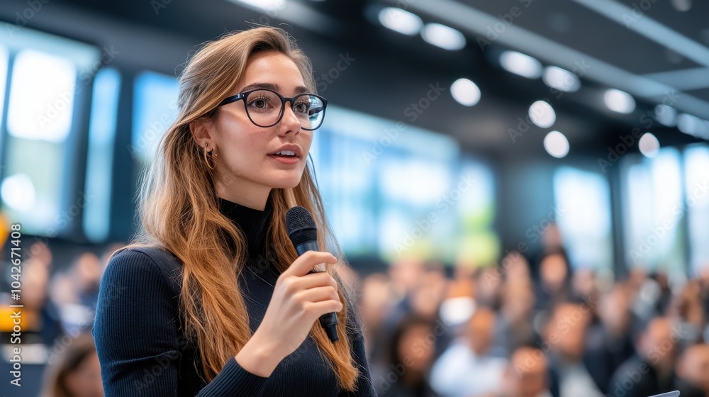 Poster empowering public speaking insights from a confident speaker engaging with an audience in a modern c