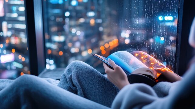 Cozy Reading Experience on a Rainy Night with City Lights in the Background