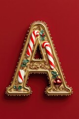 Obraz premium Gold letter with candy canes on red background