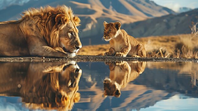A yellow lion youngster observes an adult lion reflection in water against a mountainous backdrop