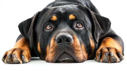 Fototapeta premium A close-up of a Rottweiler lying down with a calm expression.