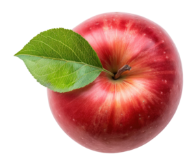 Top view of red apple with leaf isolated on transparent background