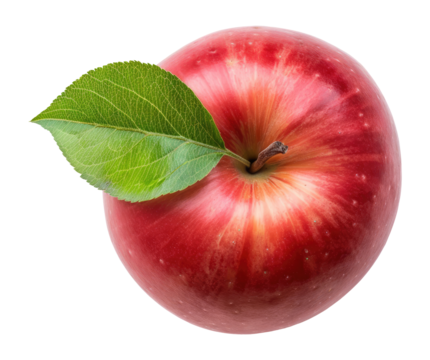 Top view of red apple with leaf isolated on transparent background