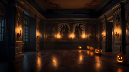 grand hall decorated for Halloween, featuring a large eerie painting as the focal point on the wall