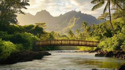 Fototapeta premium Scenic Bridge Over Tranquil River in Tropical Landscape