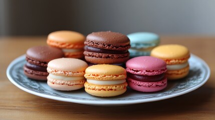 A colorful assortment of macaroons arranged on a delicate porcelain plate