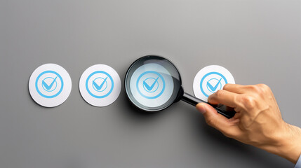 A hand using a magnifying glass to closely inspect a series of blue checkmark icons on paper, symbolizing quality control, validation, and detailed scrutiny