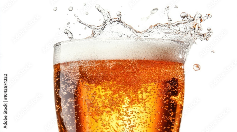 Poster refreshing beer splashing in a glass with bubbles