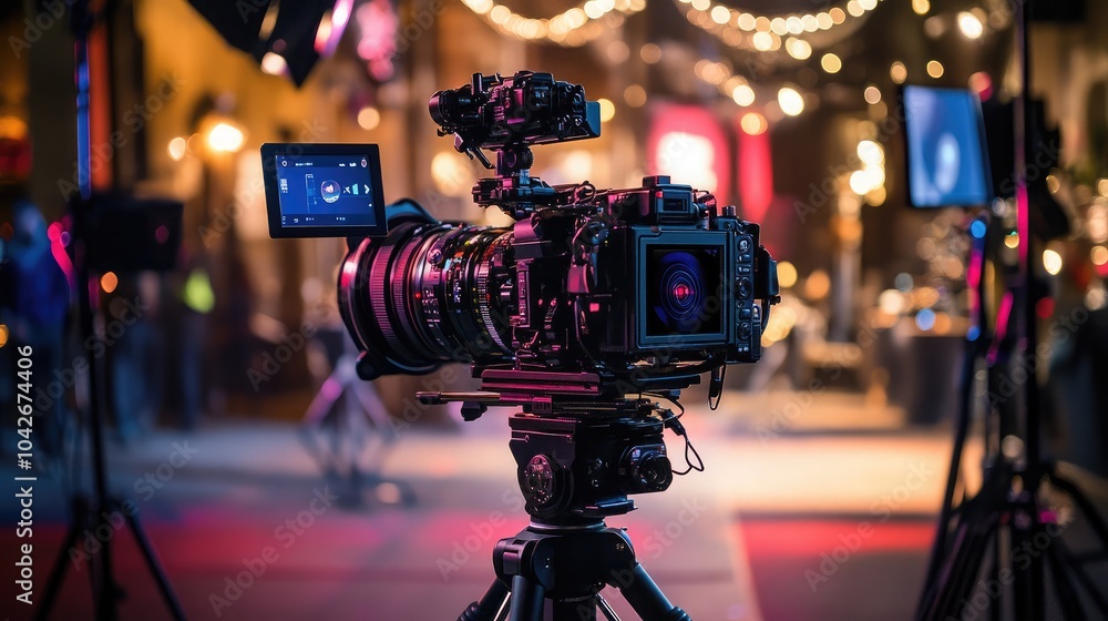 Poster professional camera setup in vibrant event space