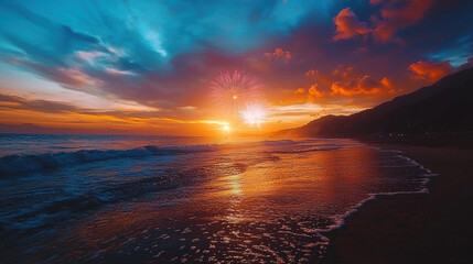 Obraz premium Vibrant fireworks explode over serene seaside at sunset, creating magical atmosphere