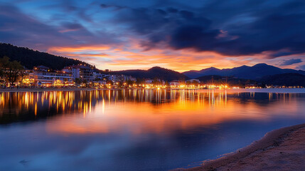 serene sunset over tranquil lake, reflecting vibrant colors and city lights