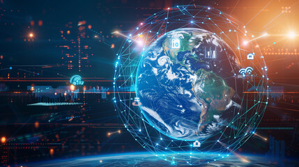 A high-tech digital representation of Earth, surrounded by glowing data connections and networks, showcasing global communication, technology, and futuristic innovation