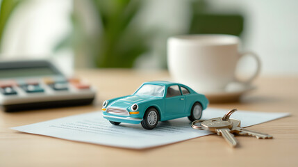 A turquoise toy car on paperwork with car keys and a coffee cup in the background, symbolizing vehicle ownership and management.