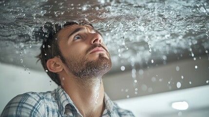 Obraz premium Man Gazing Upward as Water Drips from Ceiling Capturing Emotion and Vulnerability in a Moment of Reflection