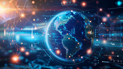 Obraz premium A high-tech digital representation of Earth, surrounded by glowing data connections and networks, showcasing global communication, technology, and futuristic innovation