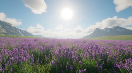 Fototapeta premium Serene Lavender Field Under Bright Sunlight