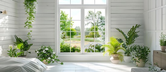 Interior view, modern country house, white wooden window, greenery outside, bedroom with plants.