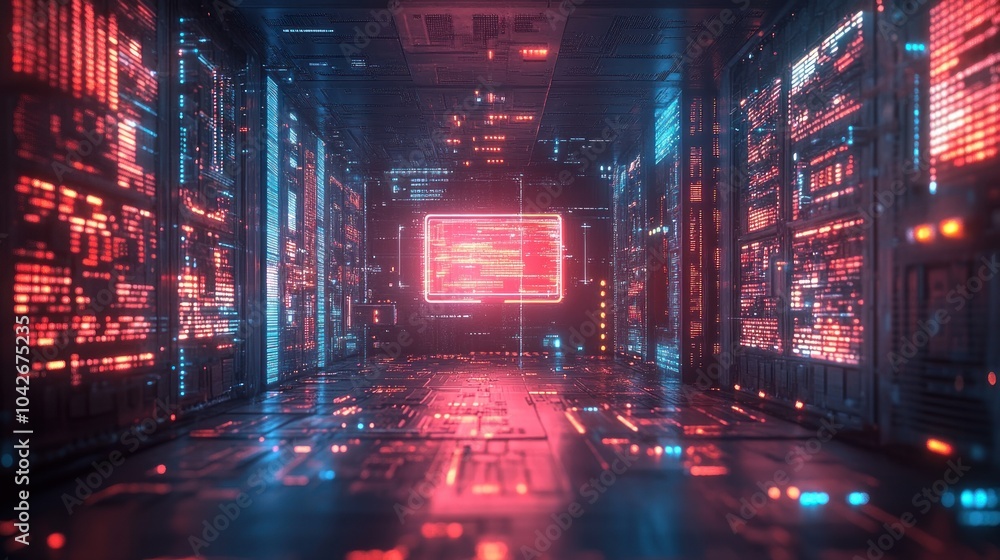 Poster futuristic data center with illuminated servers and screens.