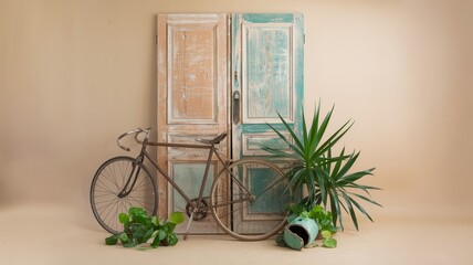 Vintage bicycle with distressed wooden doors and potted plants in rustic indoor scene
