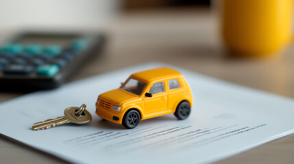 A vibrant yellow toy car placed over paperwork with a key and calculator, symbolizing car ownership and vehicle management.