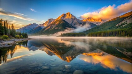 Sunrise on foggy mountain reflecting in Medicine Lake at Jasper , sunrise, mountain, foggy, Medicine Lake, Jasper, peaceful