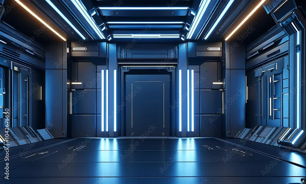 Poster 3d render of a dark background with blue glowing lines and reflections on the floor, in the style of