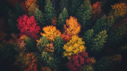 Fototapeta premium Aerial view of vibrant autumn foliage in a dense forest.