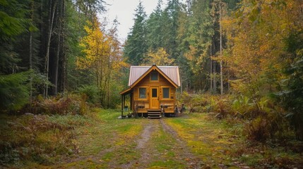 A cozy yellow cabin nestled in a forest during autumn.