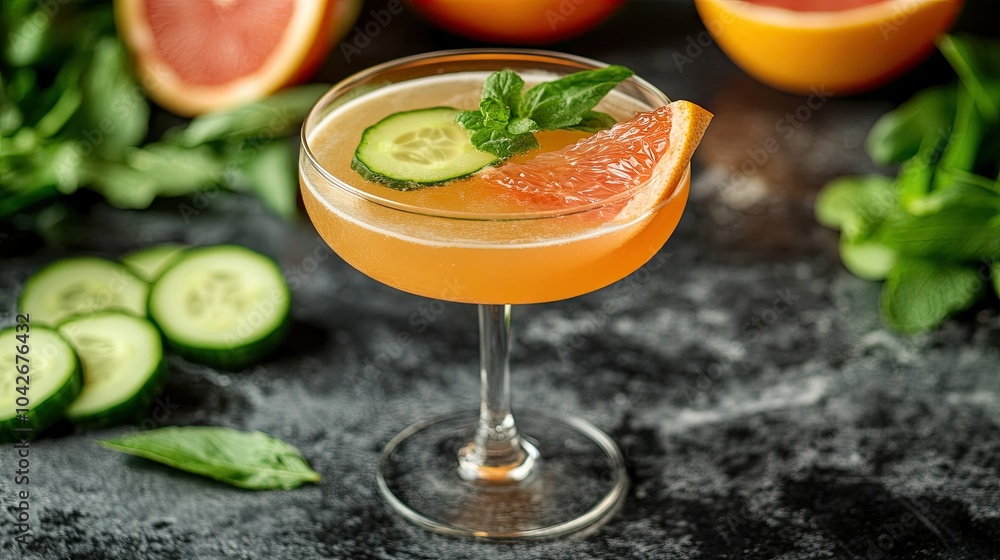 Poster refreshing cucumber grapefruit cocktail with garnish
