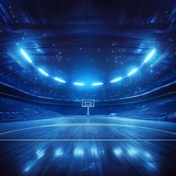 Dramatic Blue Lit Indoor Basketball Arena and Court for Professional Sports Championship Tournament