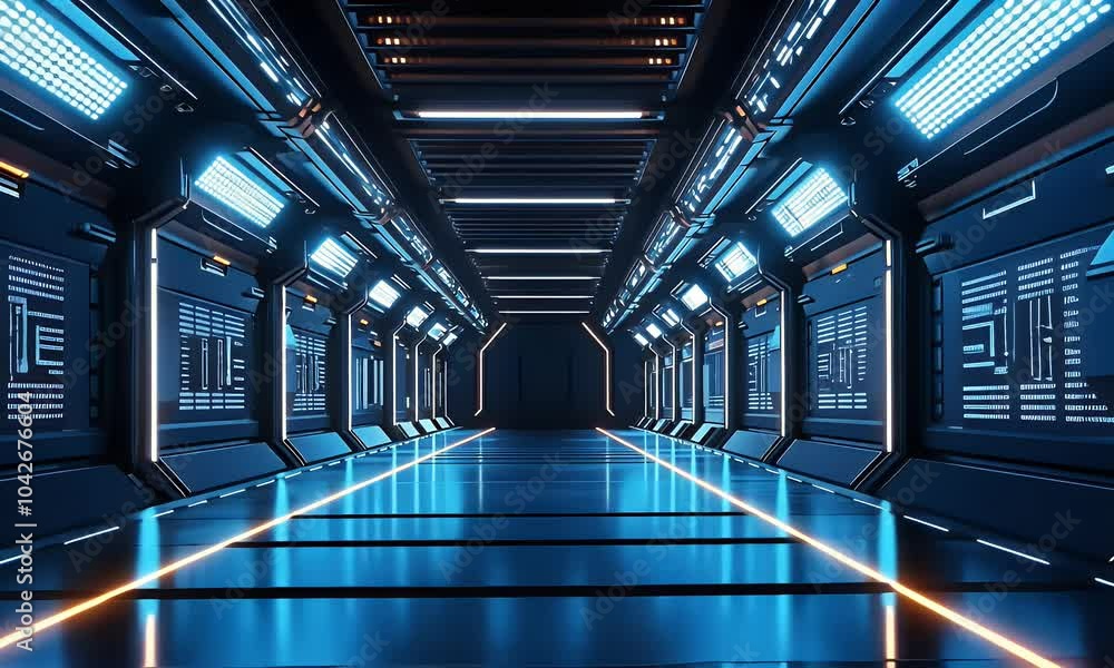 Aufkleber 3d render of a dark background with blue glowing lines and reflections on the floor, in the style of