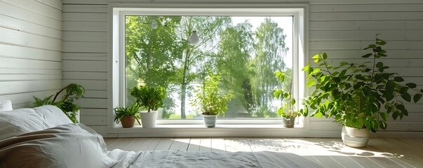 Interior view through white wooden window, green trees outside, modern country house, potted plants by the bed.