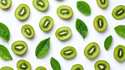 Fototapeta premium Fresh Sliced Kiwi with Leaves on White Background