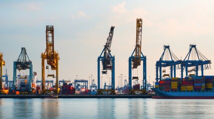 Fototapeta premium An energetic modern port with cranes loading containers onto ships, set against a backdrop of industrial structures, symbolizing the flow of global trade