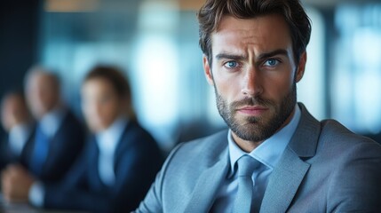 Fototapeta premium Intense Focus and Determination A Business Professional's Portrait Captured in a Corporate Setting