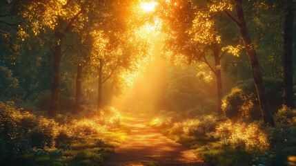 Fototapeta premium Enchanting forest paths, with sunlight shining through the trees, perfect for exploring and discovering themes