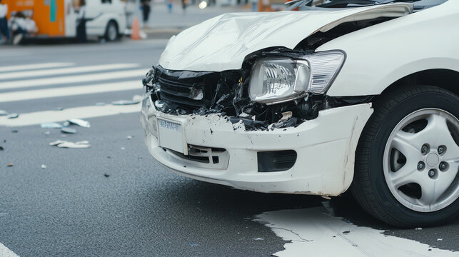 Close-up of a damaged white car involved in an accident on a busy street with debris scattered around, highlighting the impact of traffic incidents.