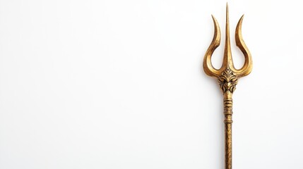 Glowing Golden Trident of Mythical Power on White Background