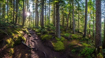 Obraz premium A serene forest path illuminated by sunlight, surrounded by lush greenery and trees.