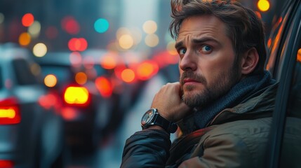 A Thoughtful Man in a Busy City Reflecting Amidst the Urban Traffic and Blurry Lights