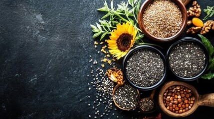 Various Seeds on Dark Background with Sunflower Accent