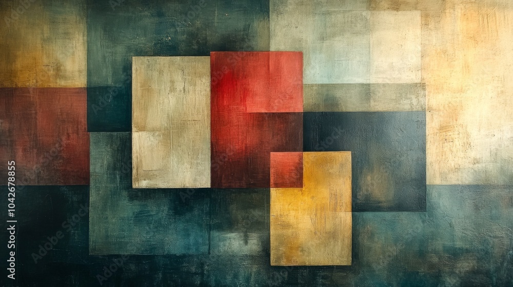 Poster this abstract artwork combines geometric shapes and a rich color palette, including blues, reds, and