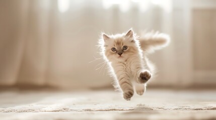 Adorable cream colored silver tabby point ragdoll kitten leaping and playing in the air