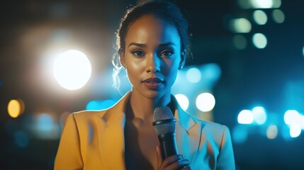 Obraz premium Professional Female TV Reporter Presenting News Live on Camera with Microphone in Hand under Studio Lights