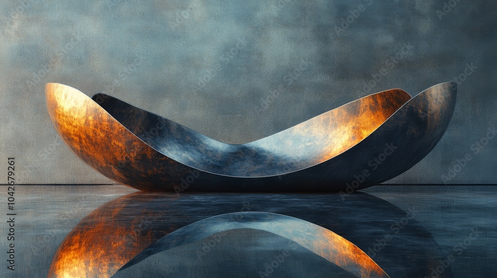 Poster the smooth curves of the metallic sculpture catch the light, creating stunning reflections on the po
