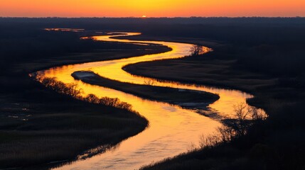Fototapeta premium Serene River at Sunset with Golden Reflection