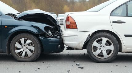 Naklejka premium Close-up view of a car accident involving a blue vehicle and a white vehicle. The back of the white car has visible damage, debris scattered.