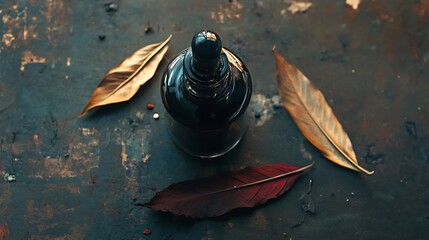 A dark glass bottle with a dropper sits on a rustic background with dried leaves and peppercorns.