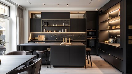 London apartment kitchen styled with black cabinets and brass accents