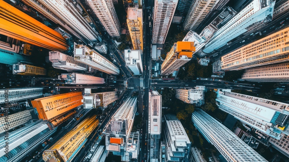 Poster a bird's eye view of a dense cityscape with skyscrapers arranged in a radial pattern around a centra